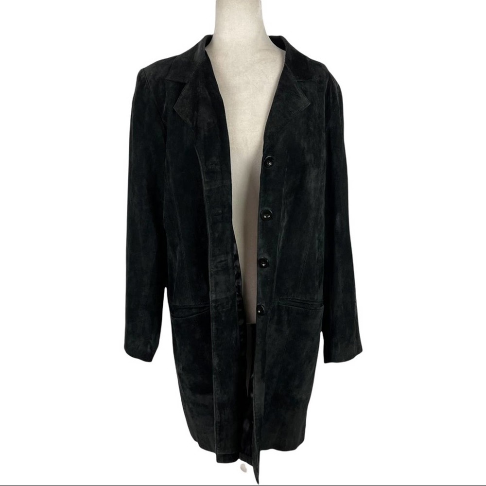 Black Suede Leather Jacket Coat - Classic Women's Longline